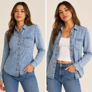 Bongo Acid Wash Chambray Denim Shirt Womens M Blue Button Front Y2K